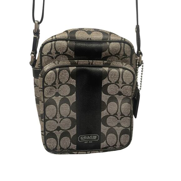 Coach Signature Logo Print Heritage Stripe Flight Crossbody Handbag Black Gray - Picture 1 of 8